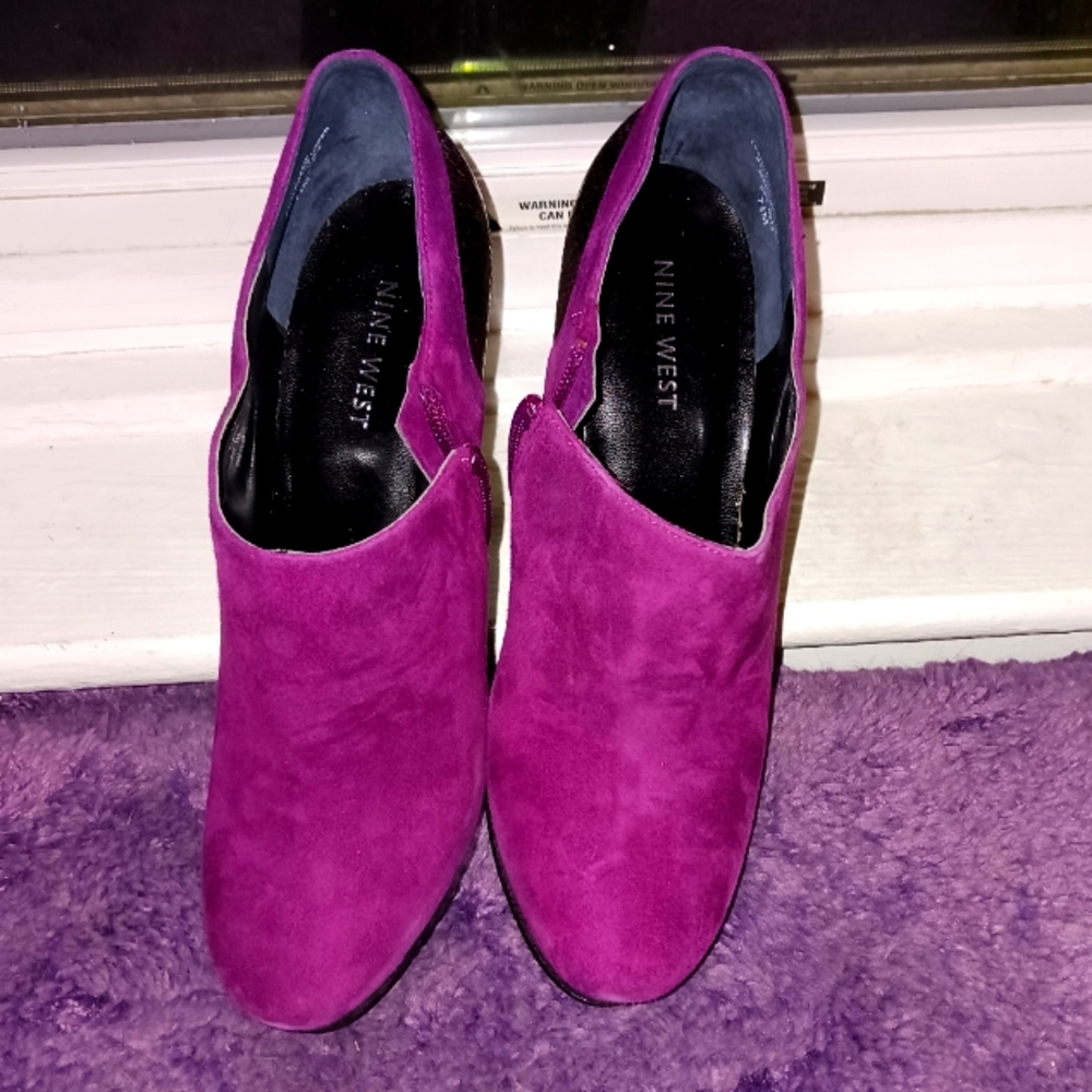 A brand new pair of nine west purple suede n snakeskin 5 inch heel booties
